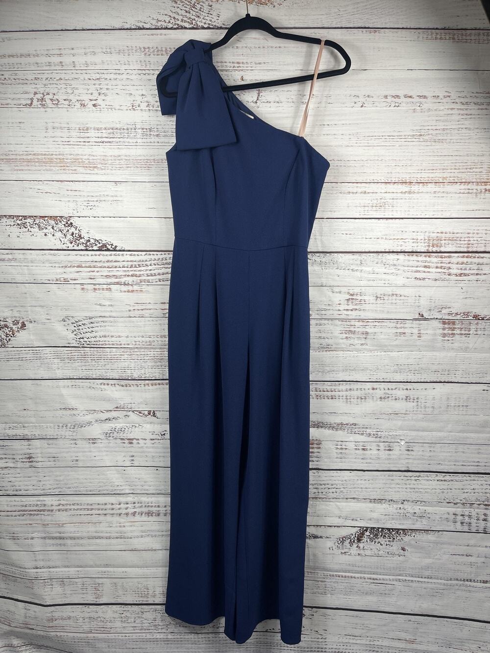 Gal Meets Glam Anthropologie Jumpsuit Women's 8 Blue One Shoulder Bow Wide Leg